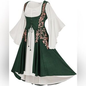 Holy Clothing Tauriel Maxi Set Small Renaissance Green and White Floral Dress